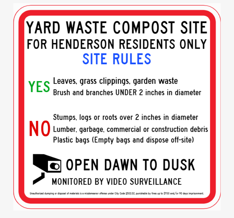 Sign for Henderson Yard Waste Compost Site detailing rules for acceptable materials and site usage hours, monitored by video surveillance.